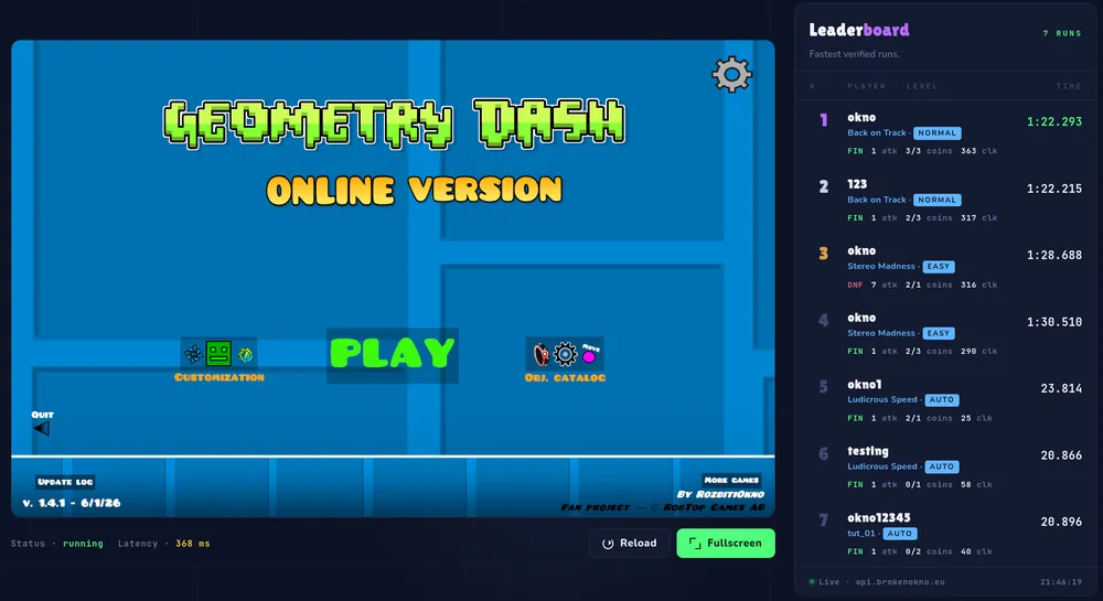 PhysicalDash running in the browser, next to its live leaderboard
